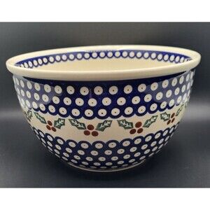 Boleslaweic Polish Pottery Large Round Mixing Serving Bowl W/Christmas Holly 10"